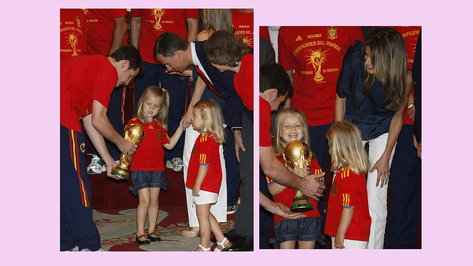 Con un poco de desconfianza o timidez al principio, pero con alegría después, la Princesa recibe de manos de Iker Casillas la copa de campeones del mundo de la selección española de fútbol