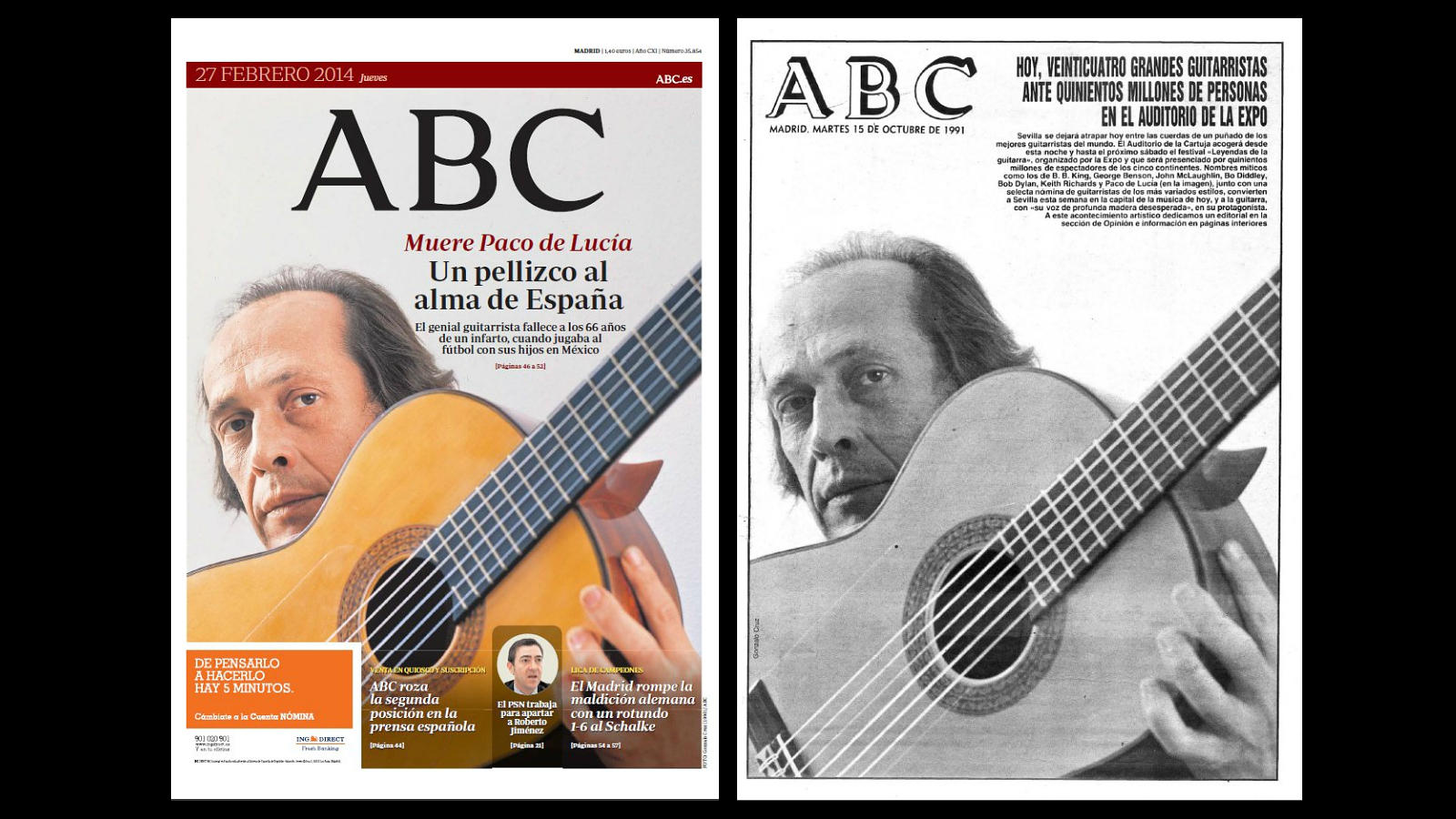 Dos portadas de ABC con Paco de Lucía como protagonista. La de su muerte y otra de 1991