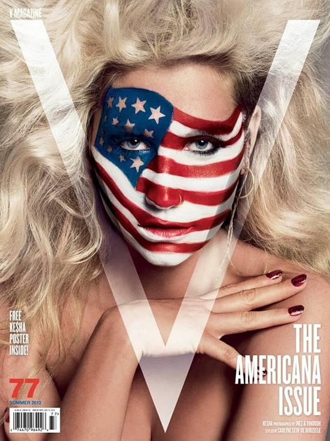 La revista V eligió a Kesha como portada de su número americano. La cantante posó sin ropa con una bandera pintada en su rostro 