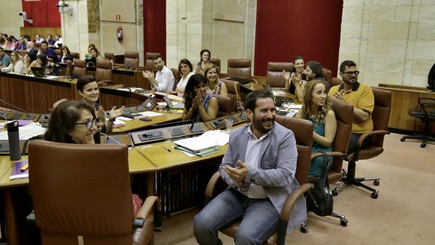 El grupo parlamentario de Podemos aplaude mirando al público al terminar una votación