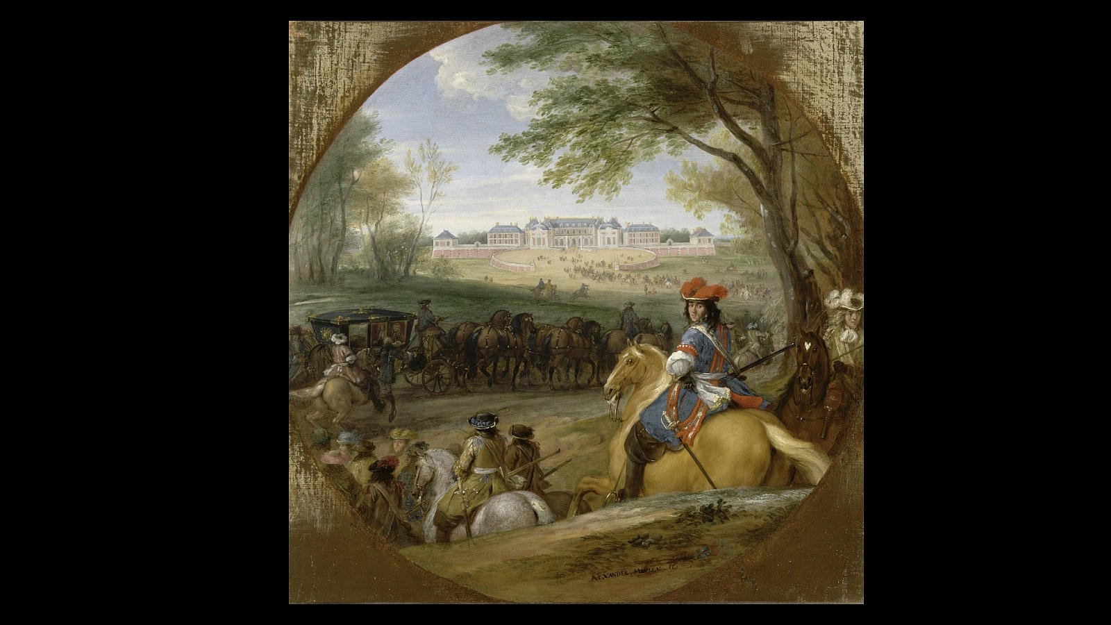 Llegada de Luís XIV precedido de la escolta con vistas al antiguo palacio de Versalles en 1669, en una pintura de Adam Frans Van der Meulen (1632-1690)