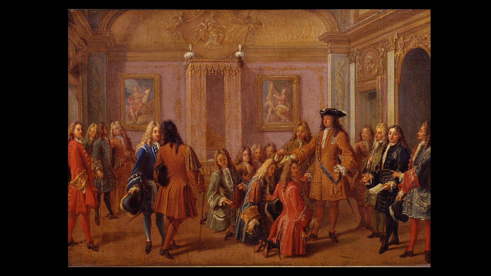 Primera promoción de los caballeros de la orden de San Luís por Luís XIV en Versalles, el 8 de mayo de 1693, en una pintura de François Marot (1666-1719). Fue ocho años después cuando el Rey de Francia inaguró su nueva habitación, mucho más grande y en el centro del Palacio
