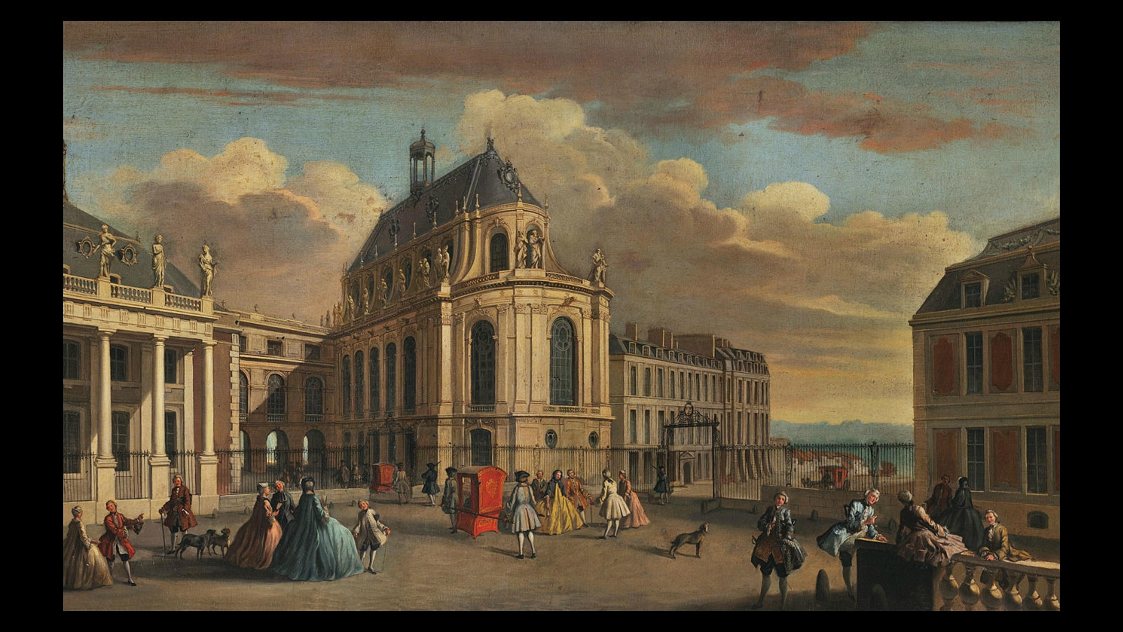 El patio de la capilla del palacio de Versalles, que fue construido por Jules Hardouin-Mansart entre 1698 y 1710, pintado por Jacques Rigaud a principios del siglo XVIII