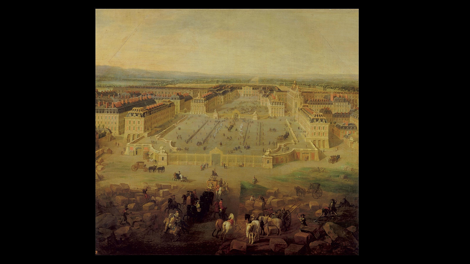 Vista del palacio de Versalles tomada desde la plaza de Armas en 1722, en una pintura de Pierre Denis Martin (1663-1742)