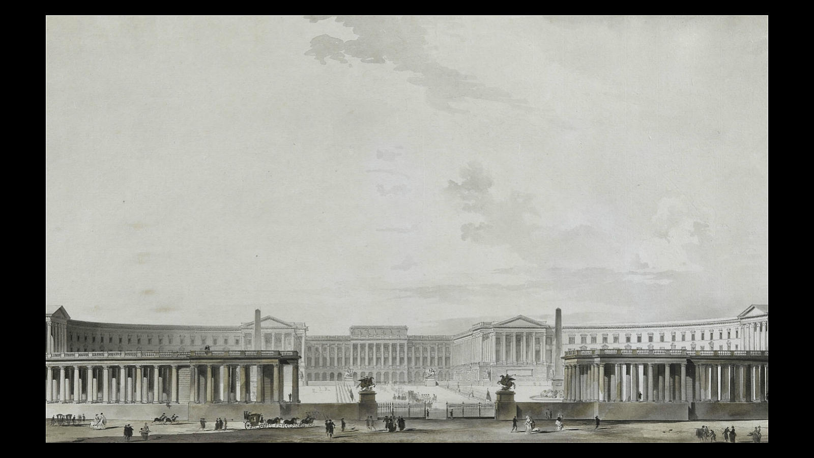 Proyecto de reconstrucción para el Palacio de Versalles, con una columnata imitando el estilo de la de San Pedro, en Roma, en un grabado de Marie-Joseph Peyre realizado hacia 1780. Las obras del conocido como el «Gran Proyecto» terminaron en 1785