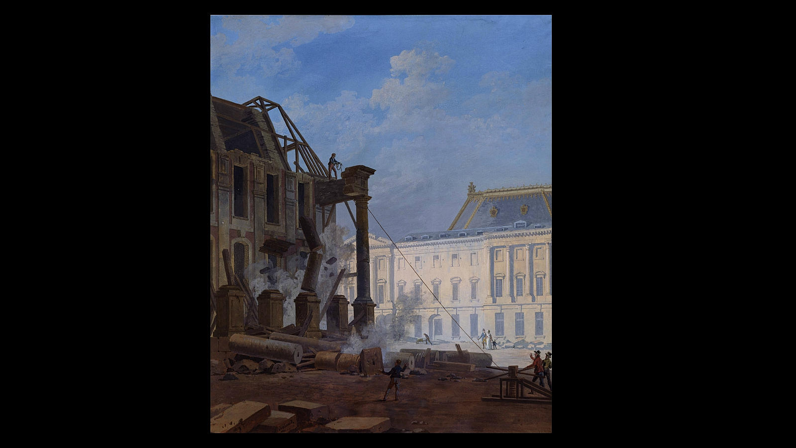 Demolición del pabellón del extremo del ala antigua que daba a los patios de honor del palacio de Versalles en 1814. Pintura de Pierre Drahonet (1766-1817)