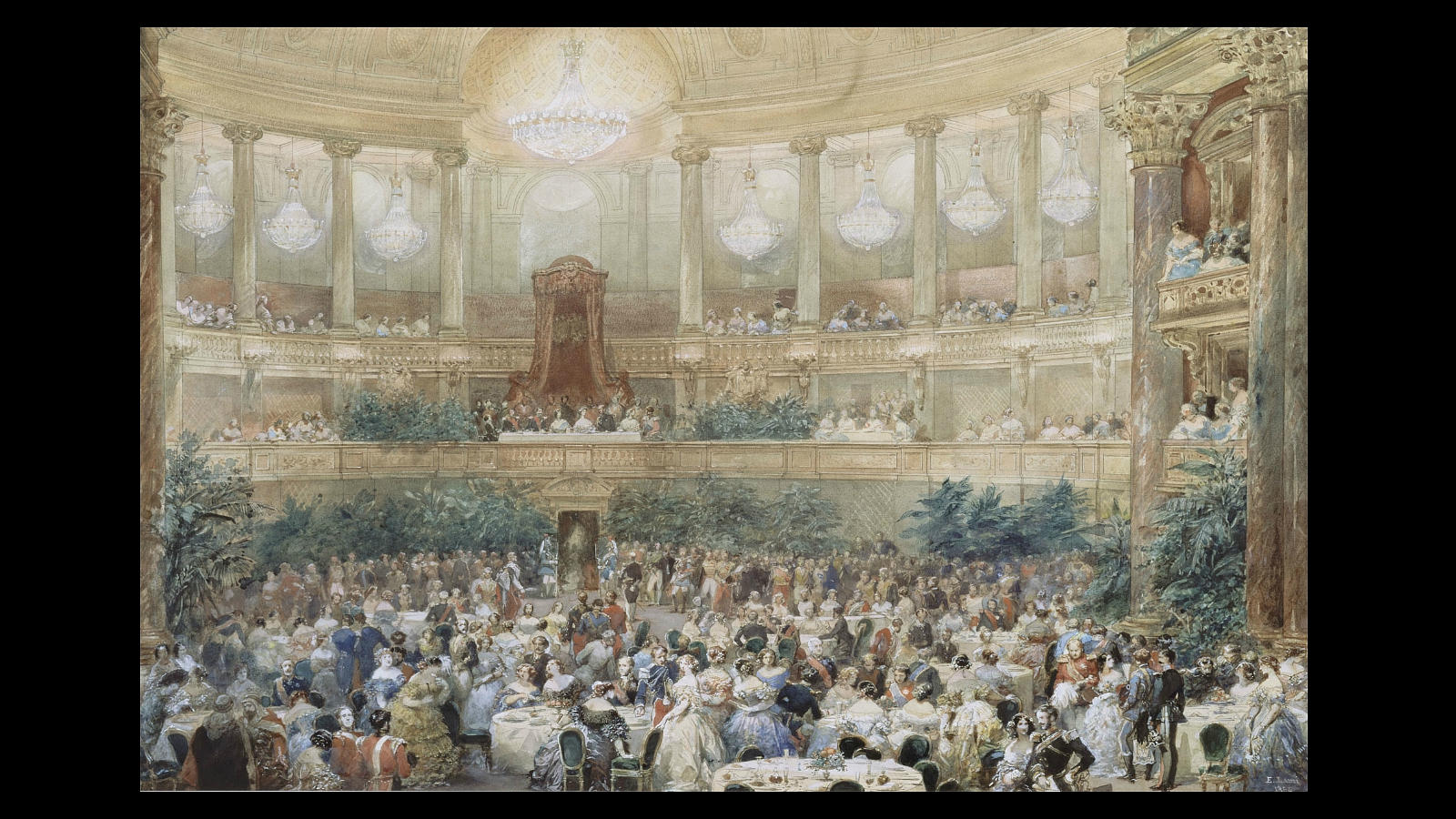 Pintura de François Joseph Heim (1787-1865) en la que puede verse a Luís Felipe cuando se le estaba presentando al cuerpo diplomático en la Galería de las Batallas durante la inauguración del museo de Versalles, el 10 de junio de 1837