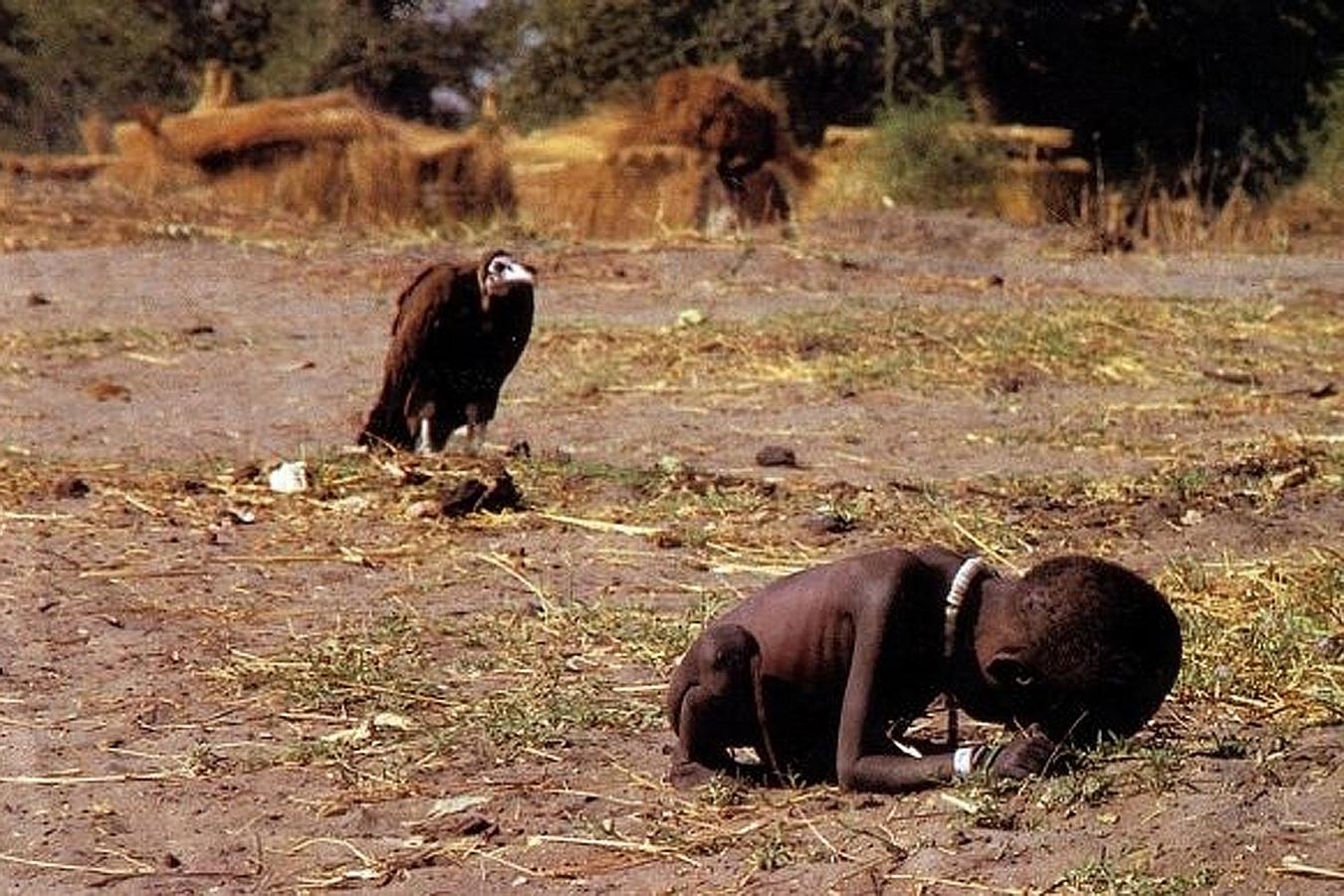 «La niña y el buitre».Esta foto de un buitre acechando a una niña moribunda de África se convirtió en el símbolo de la lucha mundial contra el hambre y consiguió el premio World Press Photo  en 1994